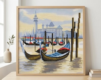 Kit de punto de cruz de góndola veneciana, patrón de punto X de paisaje marino italiano, kit de bordado de paisaje urbano europeo