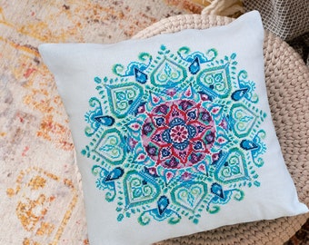 Mandala cross stitch pillow kit, cushion cover x-stitch pattern, DIY floral ornament pillowcase