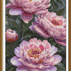 Pink Peonies cross stitch kit, spring flowers x-stitch pattern, floral garden needlepoint kit