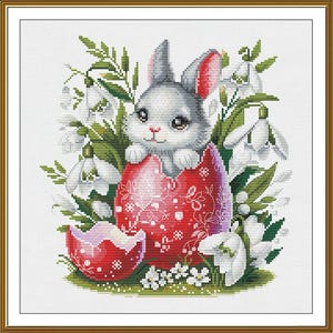 Easter bunny in egg cross stitch kit, cute rabbit & snowdrops x-stitch needlepoint pattern, spring holiday stitching kit