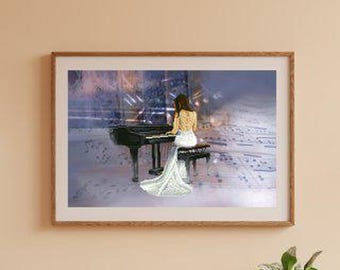 Girl playing piano cross stitch kit, musical instrument x-stitch pattern, woman in white maxi dress needlepoint kit, music lover gift