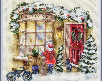 Christmas Cross Stitch Kit, Holiday Needlepoint Pattern with Kids & Gifts, Winter Scene Decor