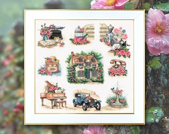 Rose Cottage Cross Stitch Sampler Kit, Vintage House, Piano, Car, Typewriter, DMC Thread Needlepoint Pattern