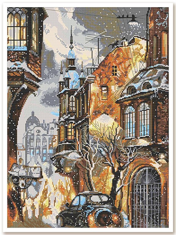 Winter Night City Cross Stitch Kit, Snowy Cityscape X-stitch