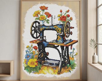 花のクロスステッチキットのヴィンテージミシン、刺繍用レトロシンガー