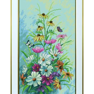 Botanical Cross Stitch Kit with Daisies, Gerberas & Meadow Flowers, Summer Morning DMC Needlepoint Pattern