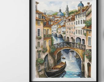 Kit de punto de cruz del Gran Canal de Venecia, patrón de punto X de paisaje italiano, bordado de góndola y catedral, kit de bordado de ciudad antigua europea