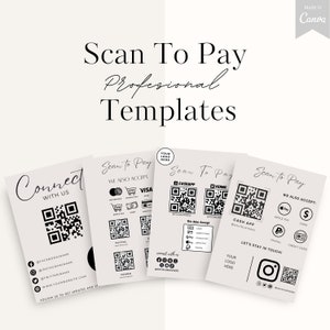 Znak kodu QR dla małych firm, edytowalny szablon Canva, pakiet skanowania w celu zapłaty, szablon listy cen i skanowanie w celu zapłaty, znak płatności do wydrukowania w formacie QR