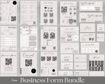 May include: A set of printable business forms in a minimalist style with a light gray background and black text. The forms include a price list, invoice, order form, scan to pay, thank you card, gift certificate, loyalty card, referral card, and bonus card. Each form includes a QR code and space for a logo.