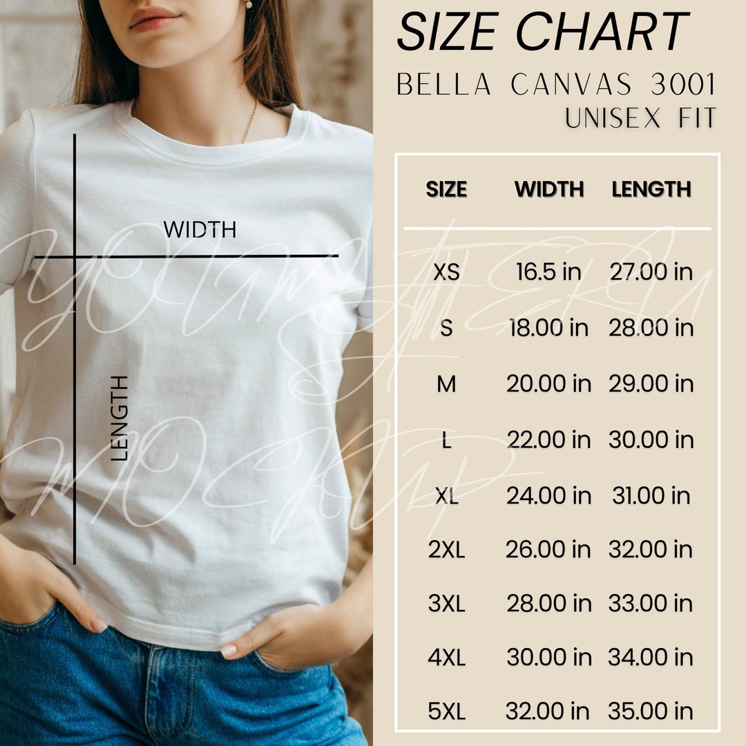 Bella Canvas 3001 Size Chart, Size Chart for Bella and Canvas 3001