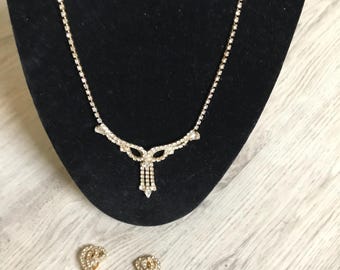 Vintage Necklace & Clip On Earrings Set Gold Tone Rhinestone Bridal, Gorgeous