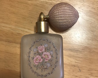 Vintage Glass Perfume Atomizer Bottle with Pink Roses Blue Flowers