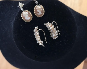 Vintage Bundle of 2 Pair of Earrings - Cameo and Rhinestone Pierced