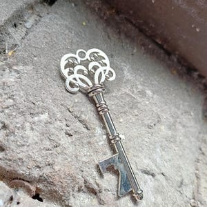 May include: A silver bottle opener shaped like a key with an ornate design. The key has a decorative top and a bottle opener on the bottom.