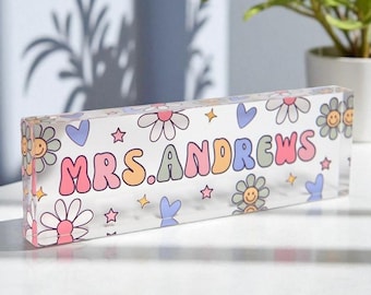 Groovy Personalized Acrylic Name Plate – Cute Flower, Bow & Heart Desk Sign | Fun Custom Clear Name Block for Teacher or Office