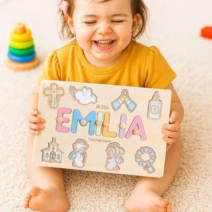 Personalized Religious Wooden Name Puzzle – Christening Gift for Kids, Custom Baptism Name Board with Christian Icons, Keepsake Baby Toy
