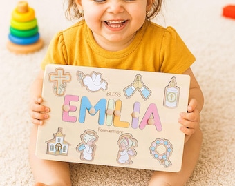 Personalized Religious Wooden Name Puzzle – Christening Gift for Kids, Custom Baptism Name Board with Christian Icons, Keepsake Baby Toy