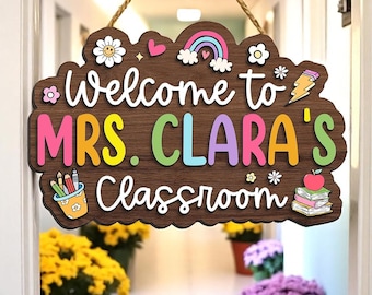 Personalized Teacher Door Sign with Name – Cute Rainbow & Flower Classroom Decor, Custom Welcome Back to School Wooden Hanging Sign