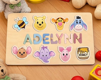 Custom Winnie Pooh and Friends Name Puzzle – Personalized Wooden Puzzle for Toddlers, Baby Gift, Nursery Decor, Learning Toy
