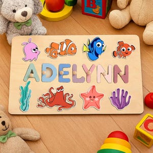 Finding Nemo Ocean Name Puzzle for Kids – Custom Wooden Fish Puzzle, Montessori Toy, Baby Toddler Gift, Sea Animal Name Board