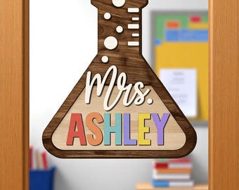Personalized Science Teacher Door Sign, Custom Name Beaker Classroom Sign, Chemistry Decor Gift for stem Teacher or Lab Door