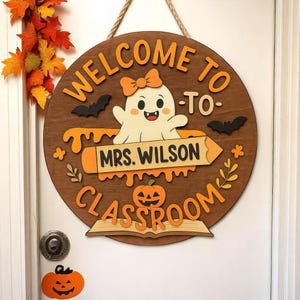 Personalized Halloween Teacher Door Sign, Spooky Classroom Welcome Sign, Custom 3D Wooden Name Sign for Teachers