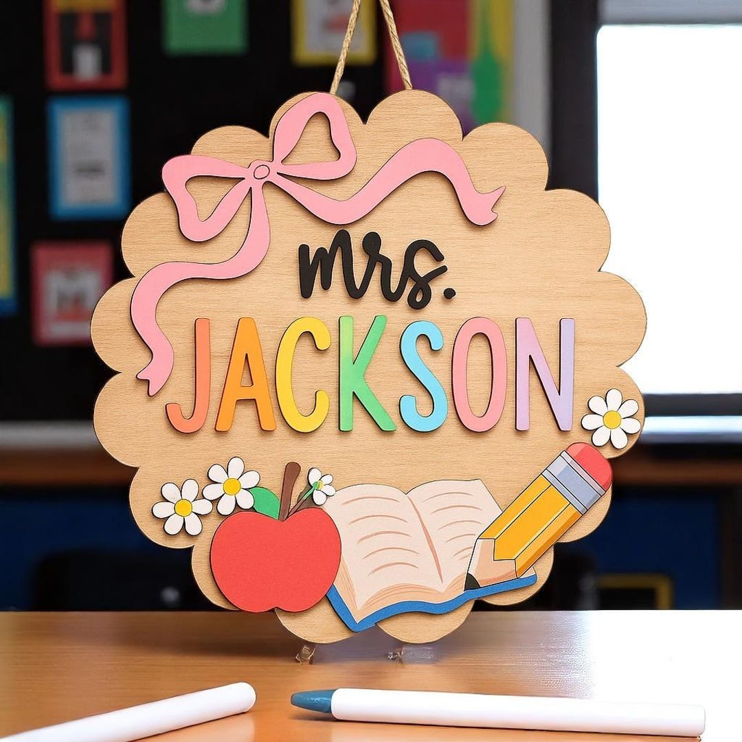 Personalized Teacher Door Sign With Bow, Custom Name Floral Classroom ...