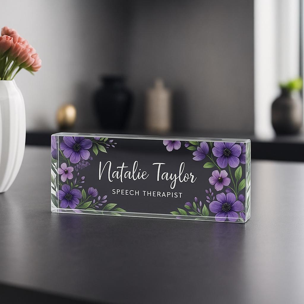 Personalized Acrylic Name Plate for Desk - Floral Office Sign Gift for Therapist, Teacher, Boss, Co-worker - Thick Plexiglass Plaque