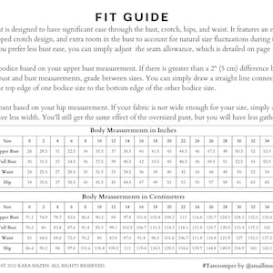 May include: A size chart for a garment with measurements in inches and centimeters for bust, waist, and hip. The chart includes sizes 0 through 34.