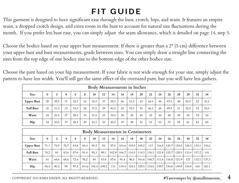May include: A size chart for a garment with measurements in inches and centimeters for bust, waist, and hip. The chart includes sizes 0 through 34.