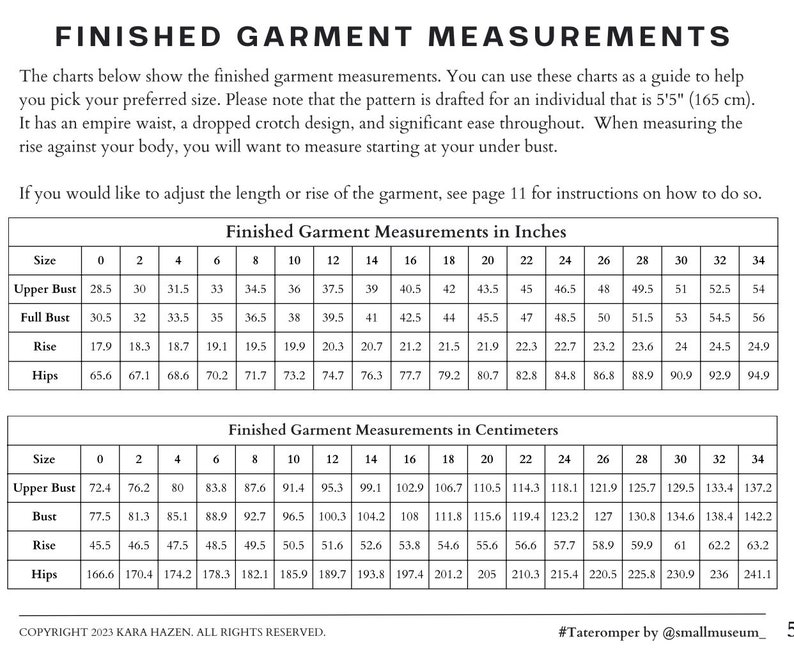 May include: Chart showing finished garment measurements in inches and centimeters for sizes 0 to 34. The chart includes measurements for upper bust, full bust, rise, and hips.