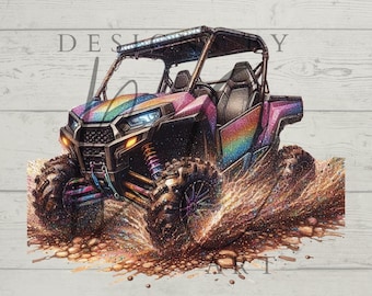 Vehículo utilitario todoterreno de colores brillantes, lado a lado, atravesando el barro PNG, sublimación, Dtf, imprimible