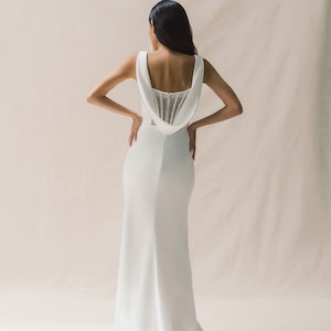 Aria - Minimalist Simple Satin Wedding Dress with Deep V-Neck and Draped Back with Pearls