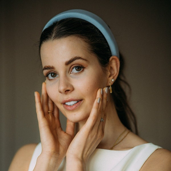 Bridal thick headband, Blue Headband, Wedding Satin Padded Headband, Women Plush Headband, Silk pad hairband, Ivory Gift for Her Headband