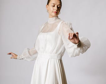 Sheer Organza Bridal Topper – Long Bishop Sleeves | Wedding Cover Up | Lightweight Transparent Bridal Blouse