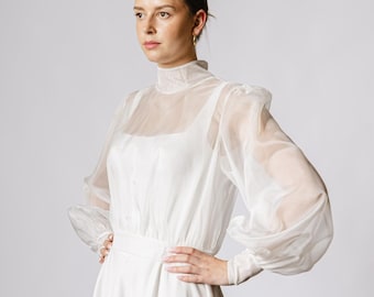 Sheer Organza Bridal Topper – Long Bishop Sleeves | Wedding Cover Up | Lightweight Transparent Bridal Blouse
