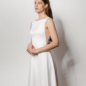 Stretchy Satin Wedding Dress | Boat neck Wedding Dress | Transparent side Wedding Gown | A-line Dress | Open Back | Floor Length - May