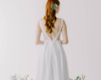 Simple open back wedding dress modest a line wedding dress minimalist crepe wedding dress (Engagement / Pre-wedding / celestial)