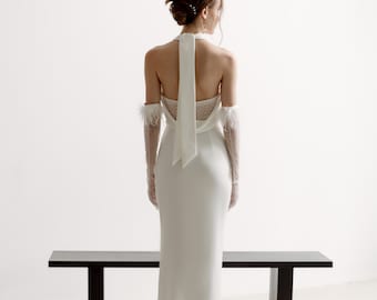 Smooth Silk wedding dress in mermaid sheath form with pearl decorated open back (Engagement / Pre-wedding / celestial) - Sophia