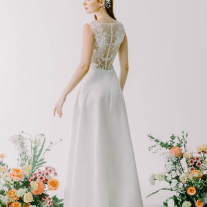 simple satin wedding dress , open back lace wedding gown , boat neck wedding dress