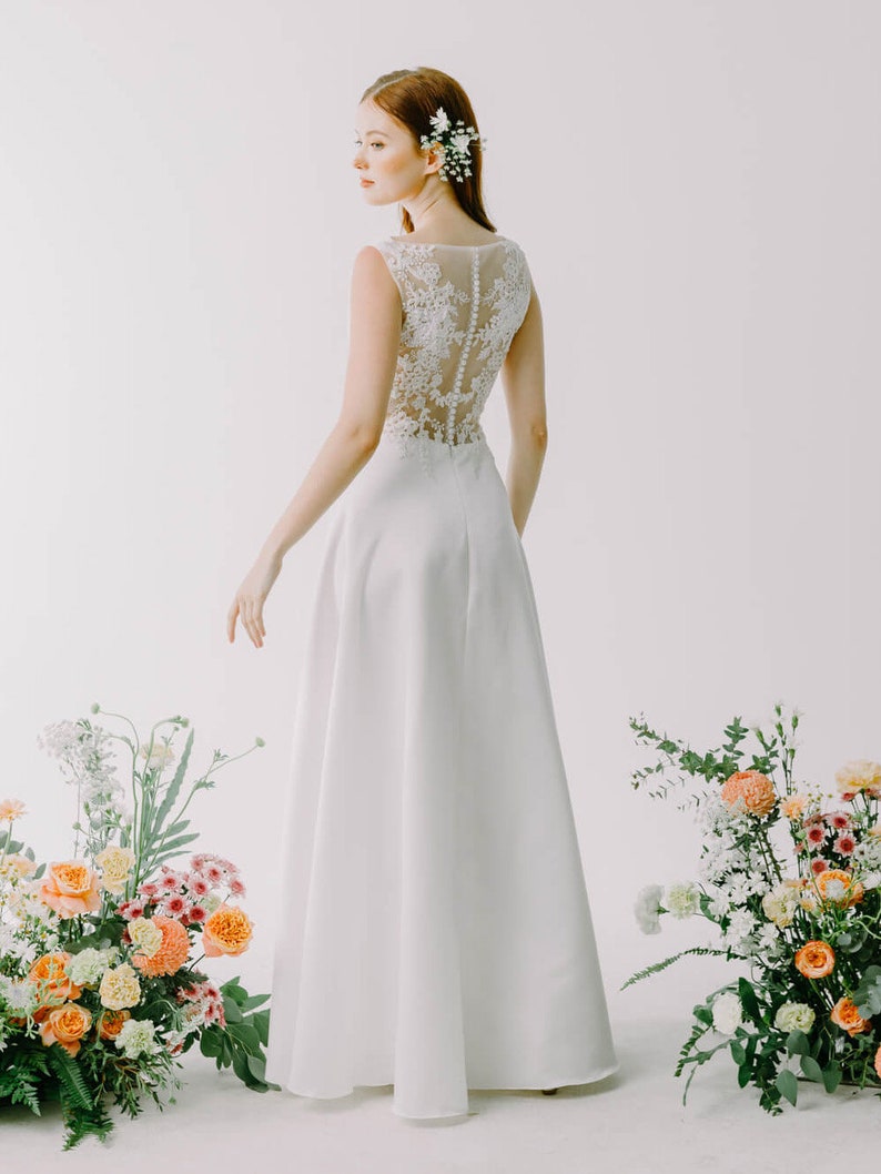 simple satin wedding dress , open back lace wedding gown , boat neck wedding dress