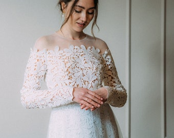 Long sleeve lace wedding dress with A-line skirt and removable Tull skirt - Emma