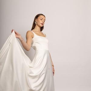 Stretch Satin A-Line Wedding Dress: Square Neck, Long Train