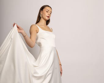 Stretch Satin A-Line Wedding Dress: Square Neck, Long Train