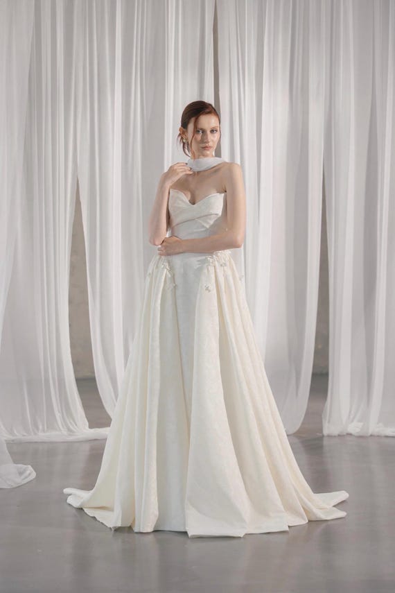 gathered corset dress Minimalist satin wedding dress off shoulder Corset gown with gathered skirt