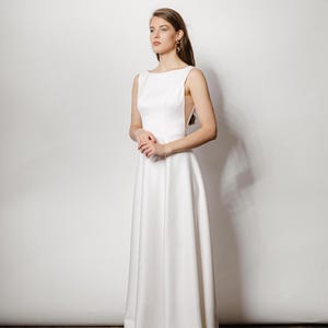 Thick stretch satin Wedding Dress | Boat neck Wedding Dress | Transparent side Wedding Gown | A-line Dress | Open Back | Floor Length - May