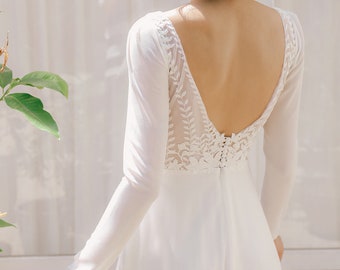 Long sleeve open back wedding dress with A-line skirt and Boat neck (Engagement / Pre-wedding / celestial) - April