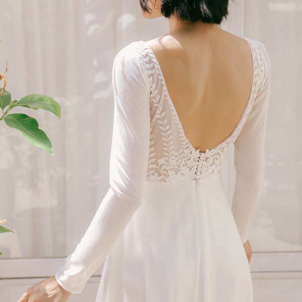Vestido de novia de manga larga con espalda abierta, falda corte A y escote barco (Compromiso / Pre-boda / celeste) - Abril
