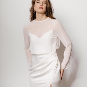 Sheer Braut Topper Chiffon - Hochzeit Bluse Cover Up | Durchsichtiges Langarm-Brauttop | Minimalistisches Hochzeits Outfit