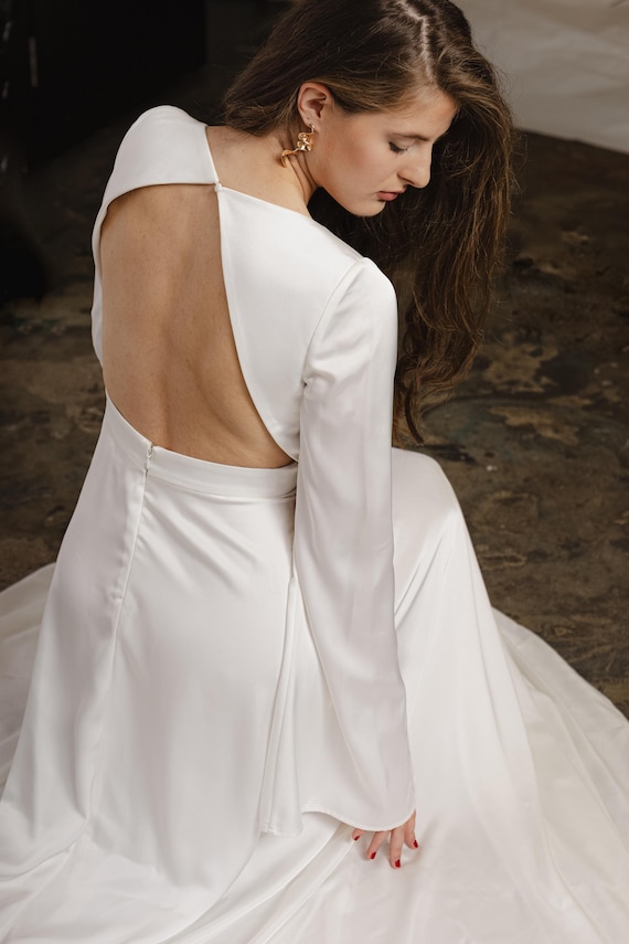 September - Flowing Satin Wedding Dress With Long Sleeves and Key-hole Back  (engagement / Pre-wedding / Celestial)